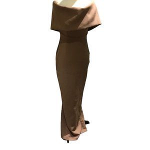 Rubber Ducky production Off-the-Shoulder neckline wrap Gown long dress Sz S Tan